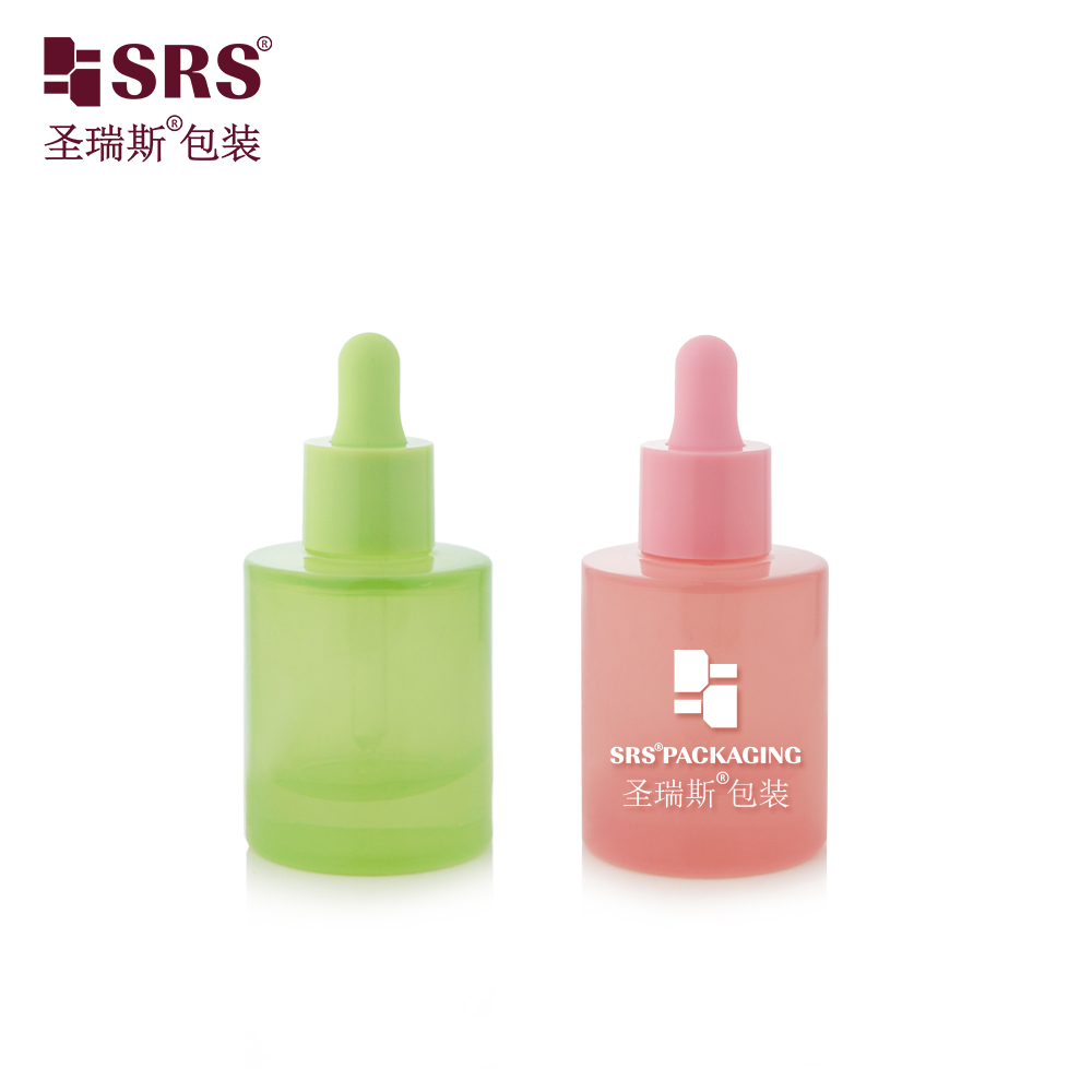 PAG016-35ML Empty Custom Coating Pastel Green Pink Jelly Colored Heavy Glass Bottle with Plastic Collar Dropper Pipette