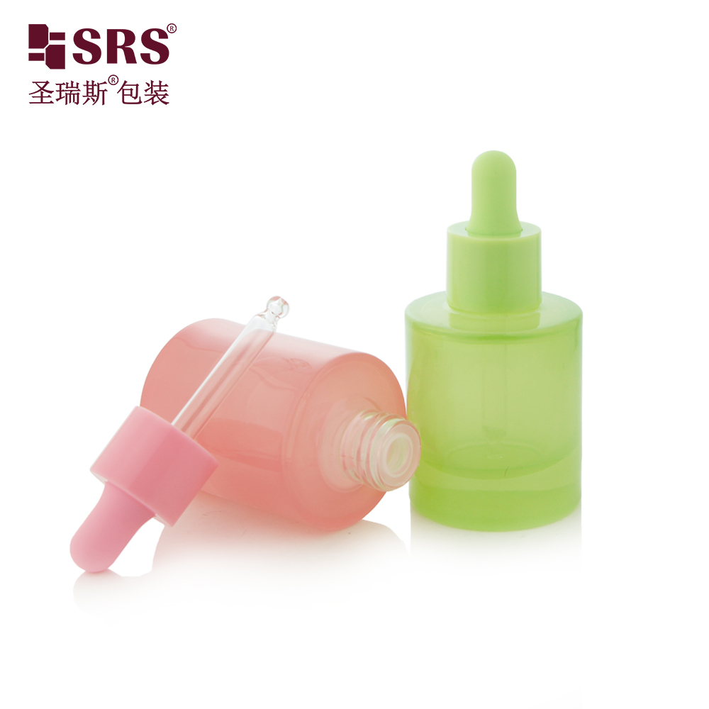 PAG016-35ML Empty Custom Coating Pastel Green Pink Jelly Colored Heavy Glass Bottle with Plastic Collar Dropper Pipette