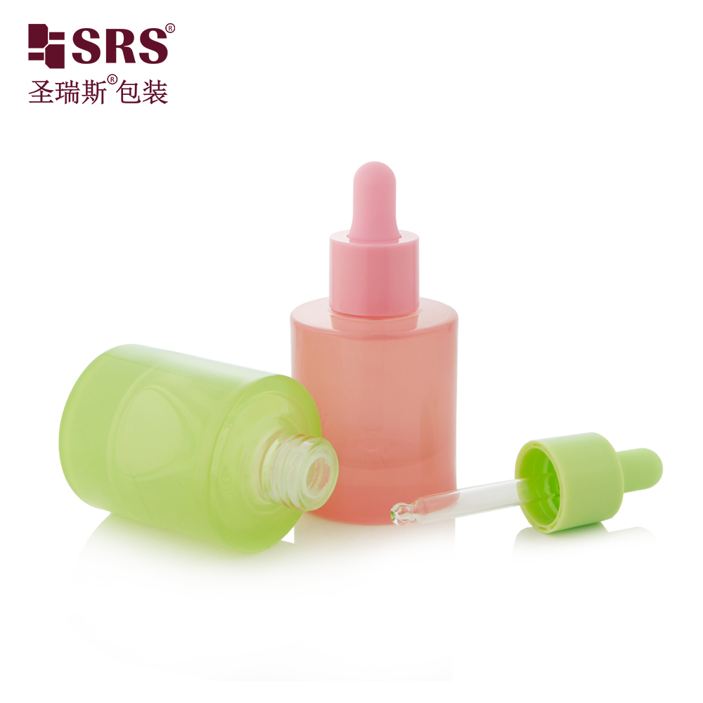 PAG016-35ML Empty Custom Coating Pastel Green Pink Jelly Colored Heavy Glass Bottle with Plastic Collar Dropper Pipette