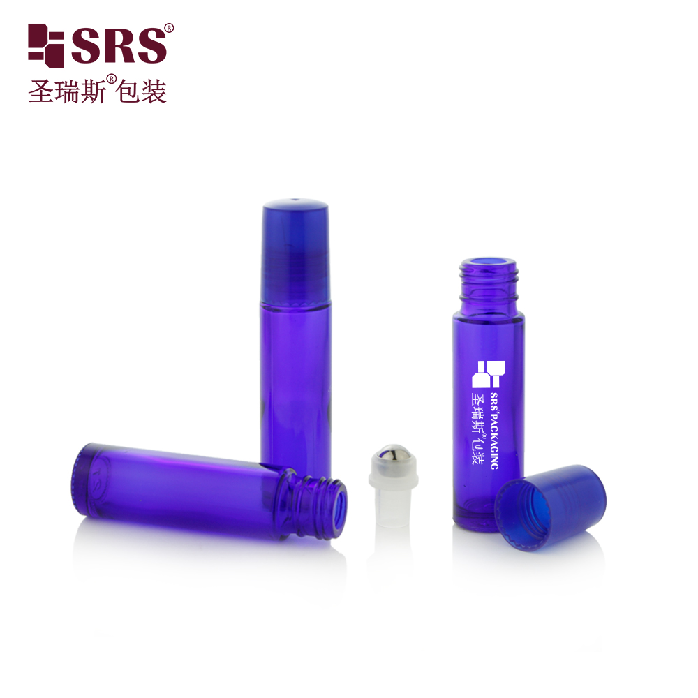 OEM Good Quality Custom Gradient Dark Blue Cosmetic Glass Roll on Bottle Essential Oil Container with Steel Ball