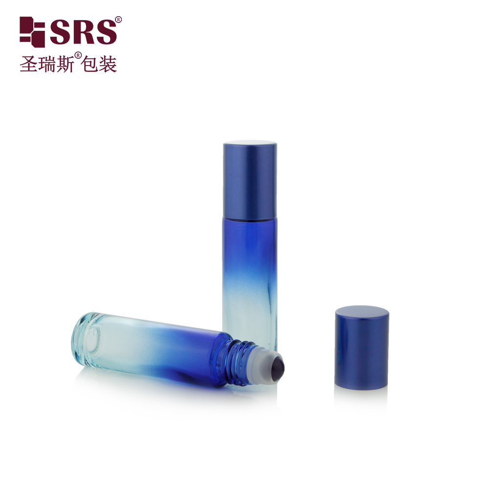 OEM Good Quality Custom Gradient Dark Blue Cosmetic Glass Roll on Bottle Essential Oil Container with Steel Ball