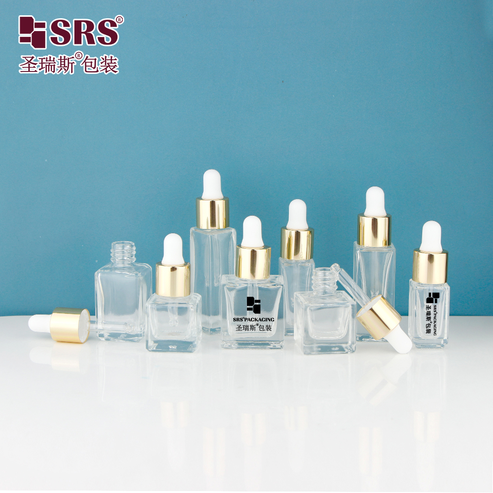 Mini Size Heavy Wall Thick Bottom Cosmetic Square Shape Serum Glass Oil Dropper Essential Oil Bottles