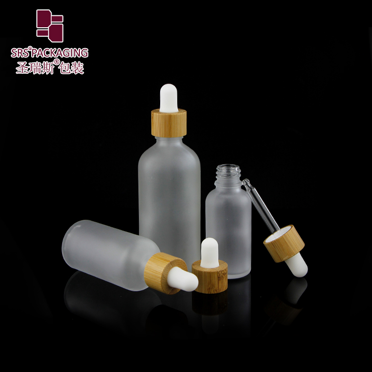 Custom Frosted Essential Oil Empty Packaging 15ml 30ml 50ml 100ml Bamboo Dropper Bottle
