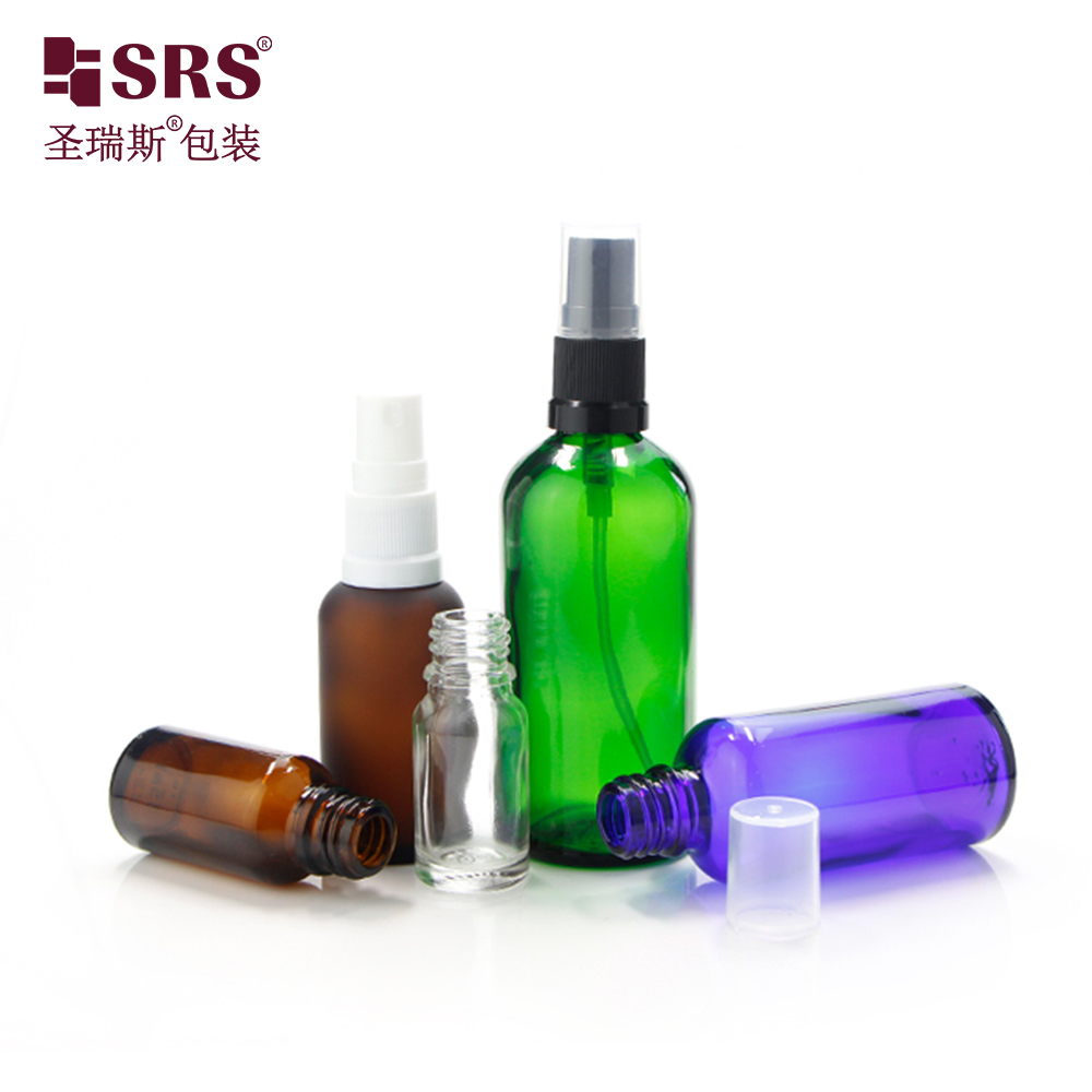 Brown blue green transparent clear empty boston shape glass bottle with sprayer