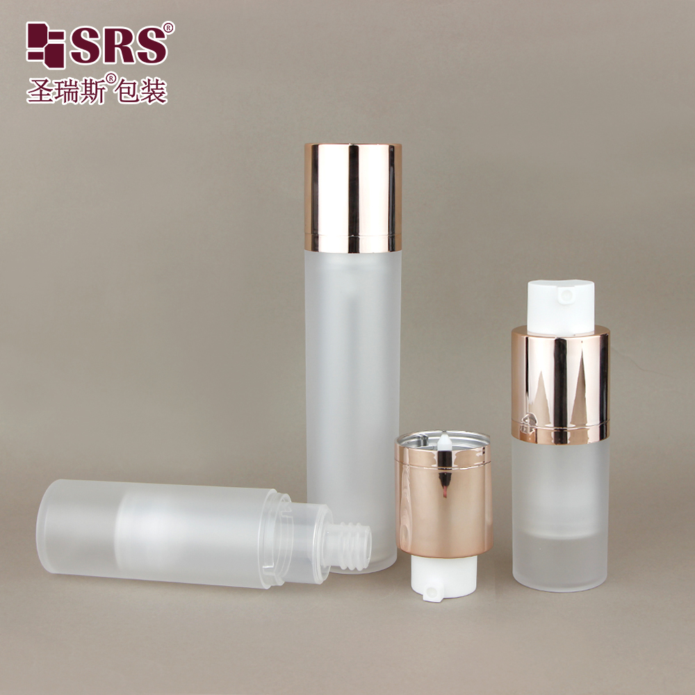 SRS Factory Price Empty 15ml 30ml 50ml Custom Injection Painting Metalized Color Airless Lotion Bottle
