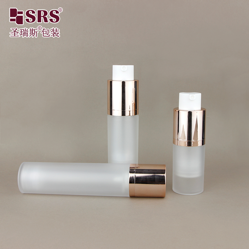 SRS Factory Price Empty 15ml 30ml 50ml Custom Injection Painting Metalized Color Airless Lotion Bottle