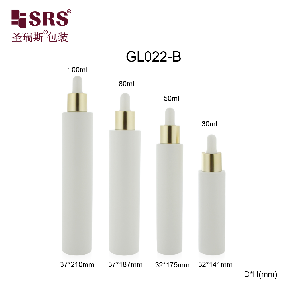  Round Cylinder 30ml 50ml 80ml 100ml White Gold Cosmetics Dropper Lotion Serum Glass Bottle