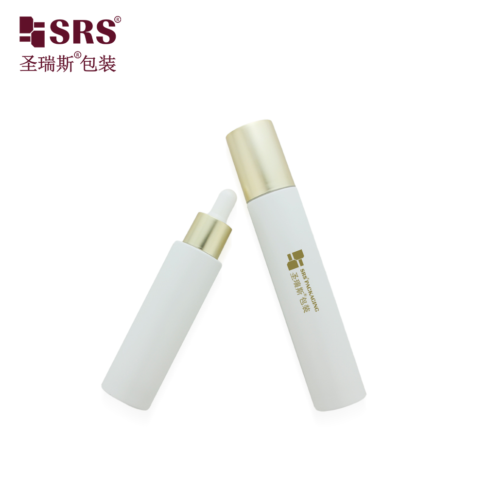  Round Cylinder 30ml 50ml 80ml 100ml White Gold Cosmetics Dropper Lotion Serum Glass Bottle