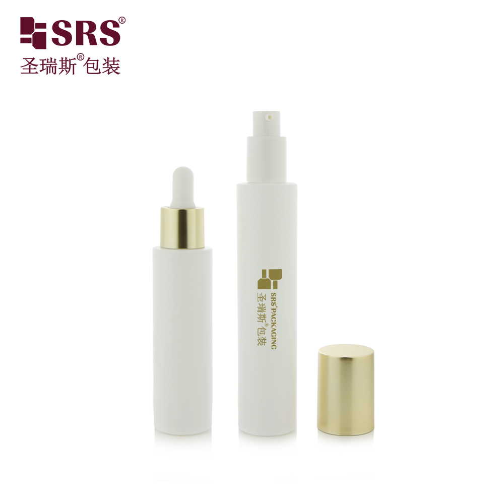  Round Cylinder 30ml 50ml 80ml 100ml White Gold Cosmetics Dropper Lotion Serum Glass Bottle