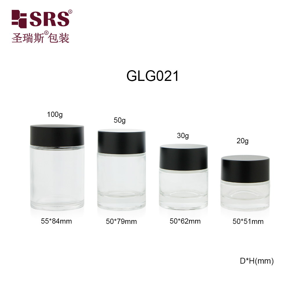 Custom Transparent Black 20g 30g 50g 100g Glossy Matte Skincare Round Cream Jar Glass Jar 