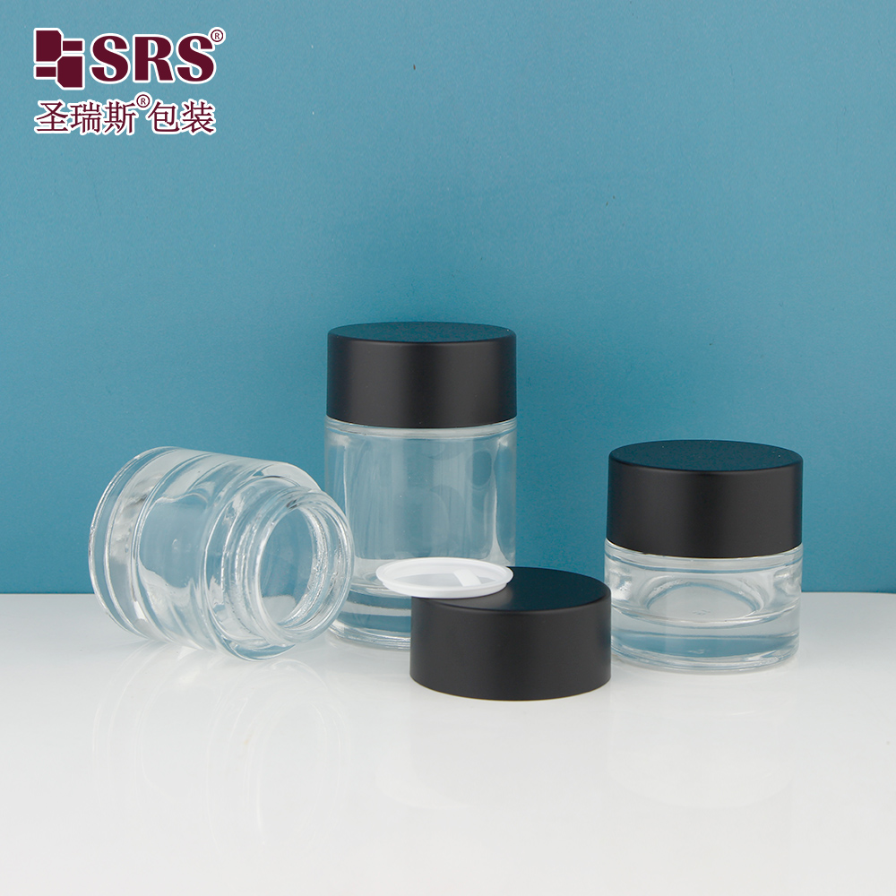 Custom Transparent Black 20g 30g 50g 100g Glossy Matte Skincare Round Cream Jar Glass Jar 