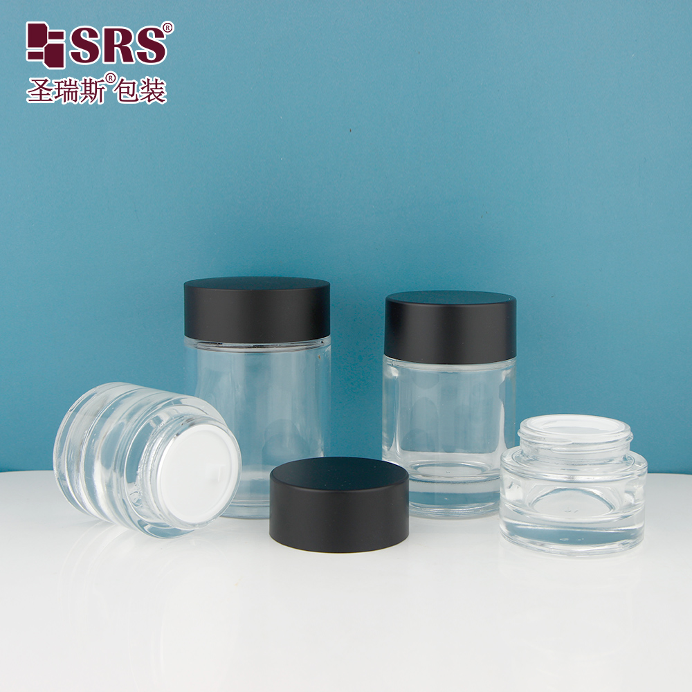 Custom Transparent Black 20g 30g 50g 100g Glossy Matte Skincare Round Cream Jar Glass Jar 