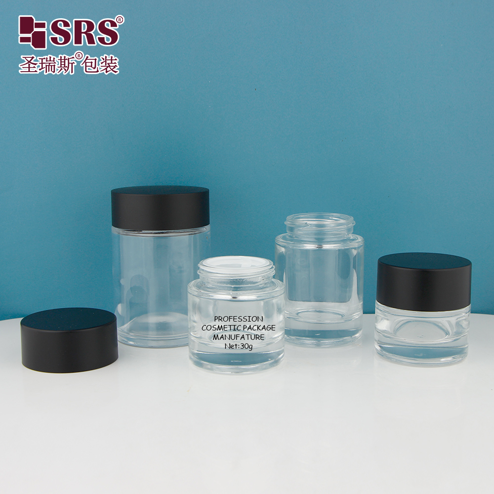 Custom Transparent Black 20g 30g 50g 100g Glossy Matte Skincare Round Cream Jar Glass Jar 