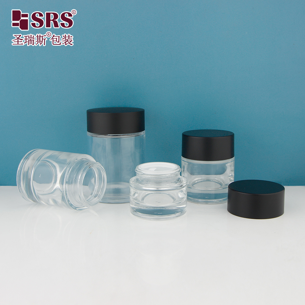 Custom Transparent Black 20g 30g 50g 100g Glossy Matte Skincare Round Cream Jar Glass Jar 