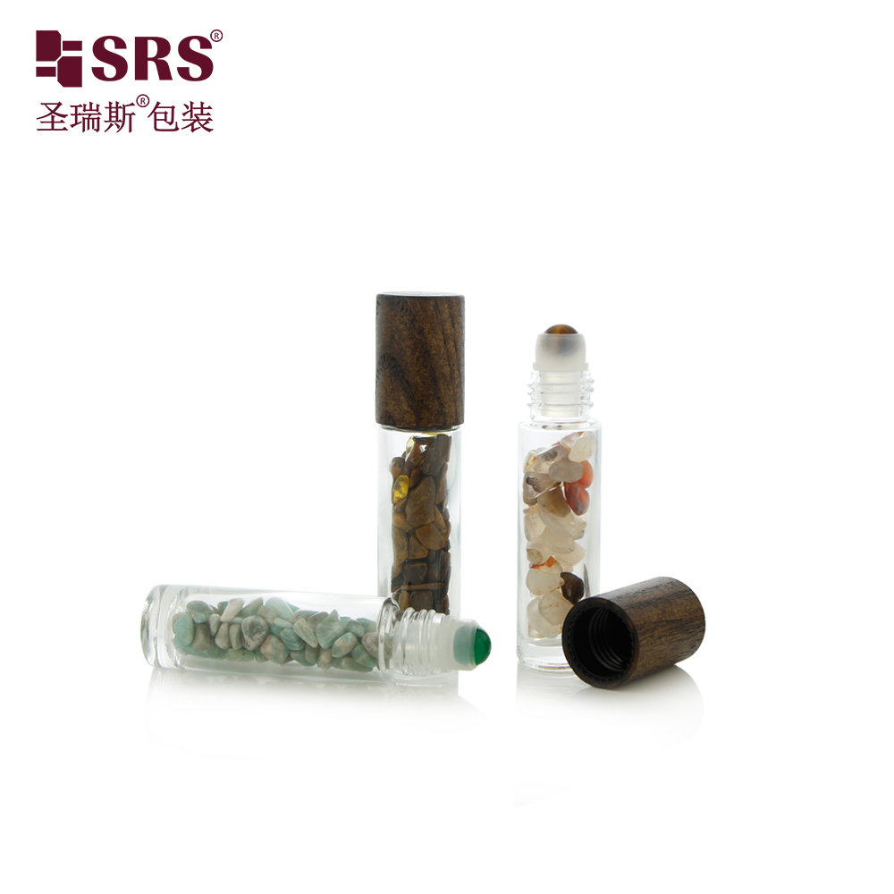 Empty Clear Amber Custom Design Glass Roller Bottle with Wooden Cap