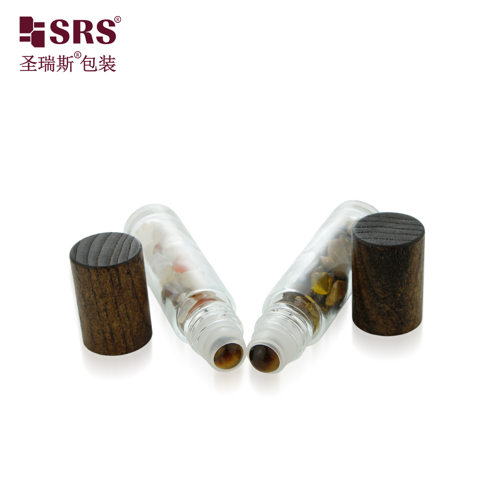 Empty Clear Amber Custom Design Glass Roller Bottle with Wooden Cap