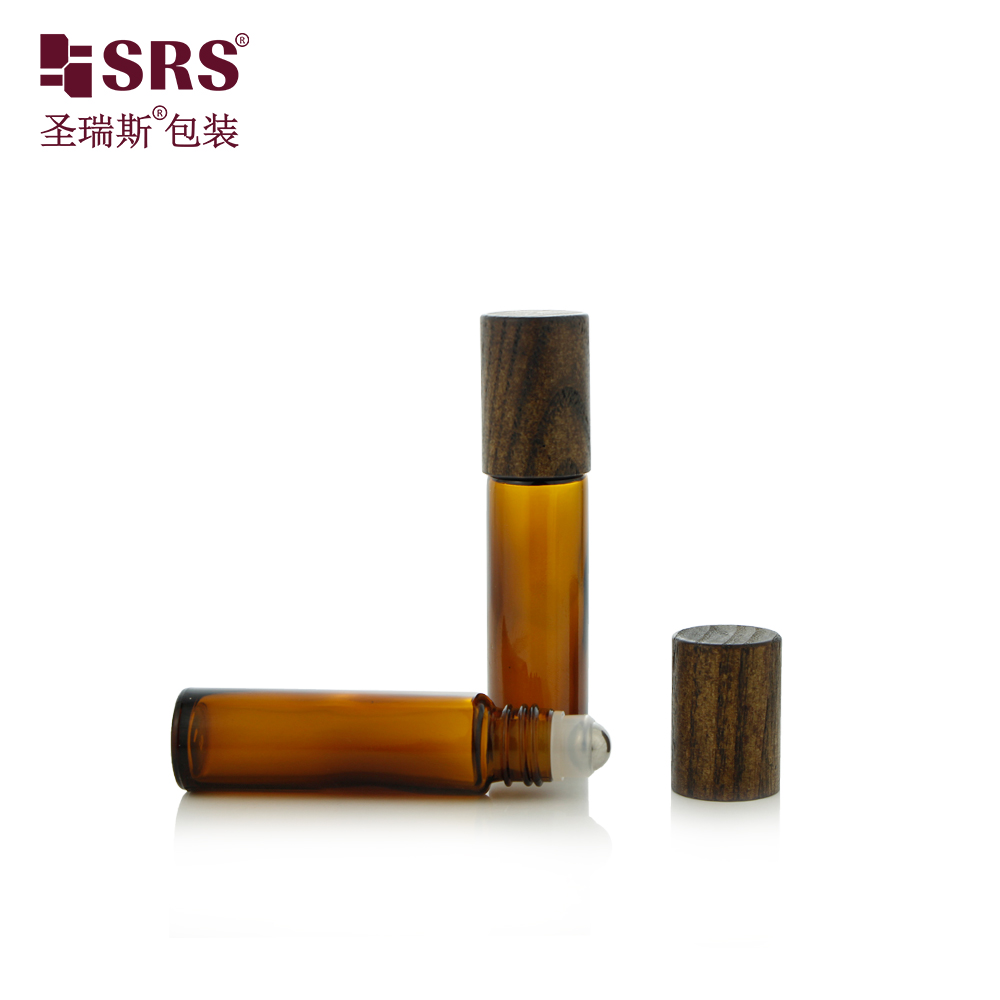 Empty Clear Amber Custom Design Glass Roller Bottle with Wooden Cap