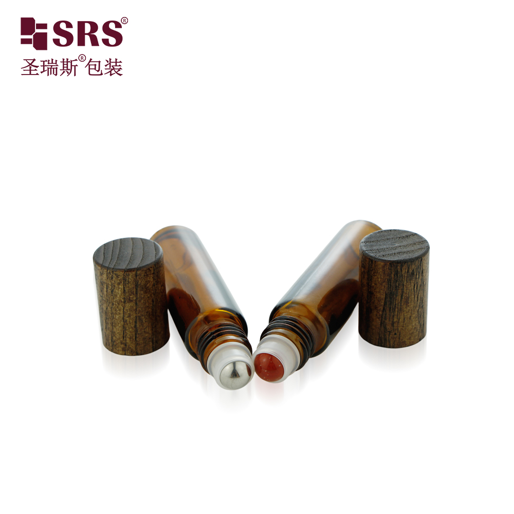 Empty Clear Amber Custom Design Glass Roller Bottle with Wooden Cap