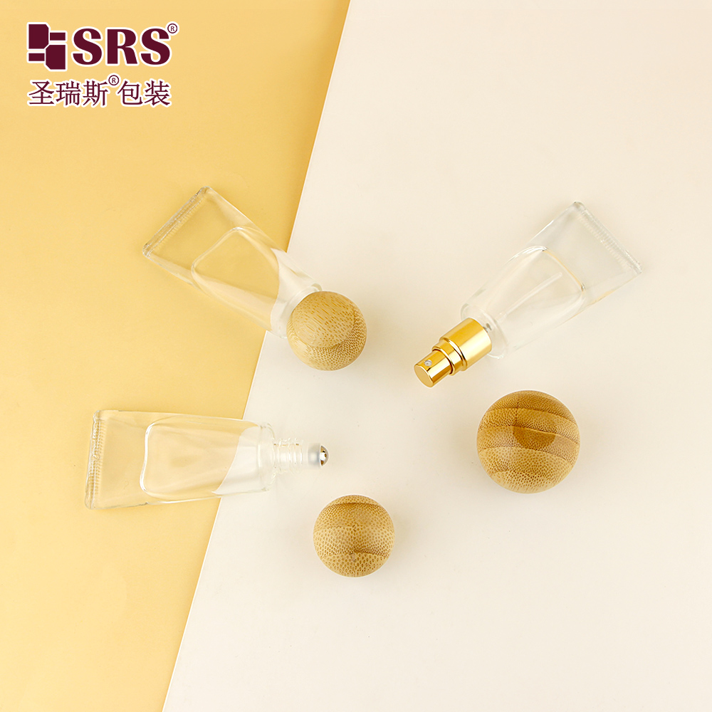 Clear Perfume Spray Bottle Essential Oil 10ml Glass Roll on Bottle with Wood Bamboo Lid