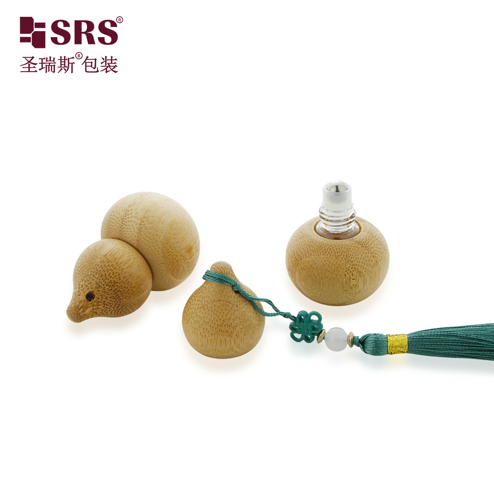 Custom Chinese Style Natural Bamboo Gourd Shape 2ml Glass Roll on Bottle with Steel Roller Ball and Handing