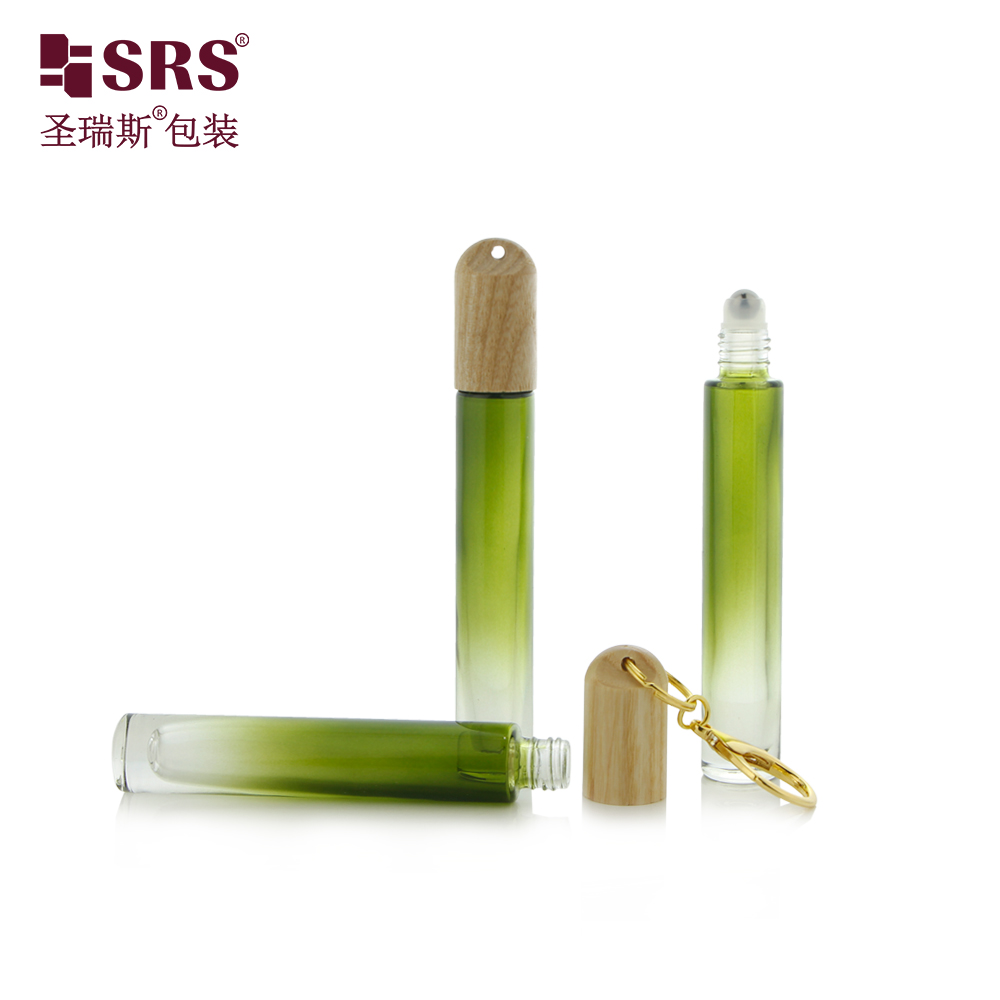 Cosmetic Glass Container Round Clear 10ml Roller Bottle with Wooden Hook Cap 