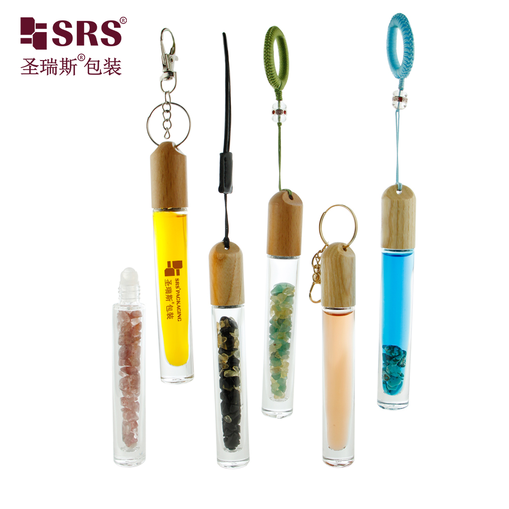 Cosmetic Glass Container Round Clear 10ml Roller Bottle with Wooden Hook Cap 