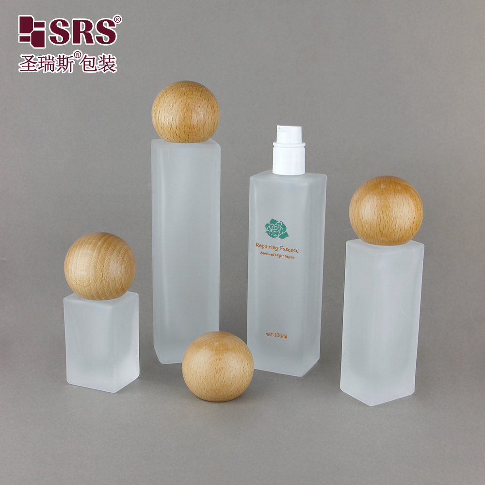 Custom Color Skincare Packaging Matte Glass Bottle with Bamboo Ball Cap