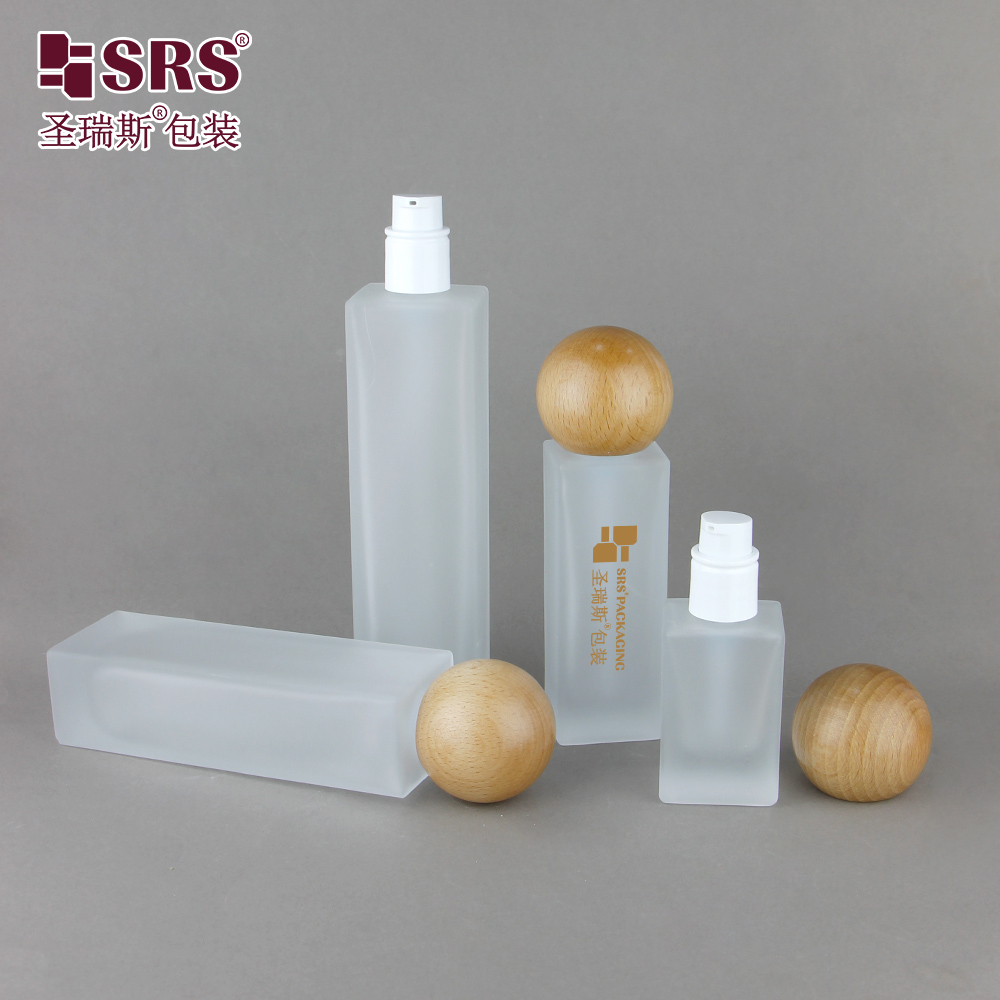 Custom Color Skincare Packaging Matte Glass Bottle with Bamboo Ball Cap