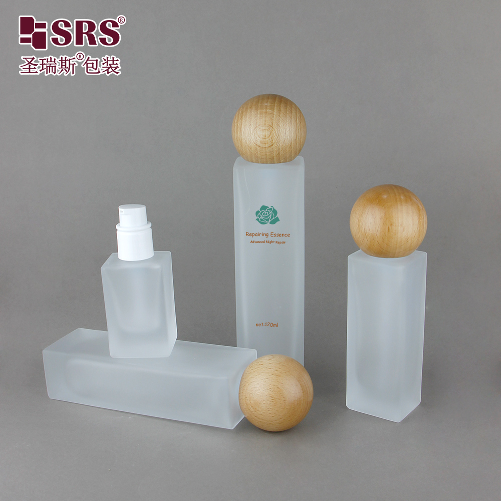 Custom Color Skincare Packaging Matte Glass Bottle with Bamboo Ball Cap