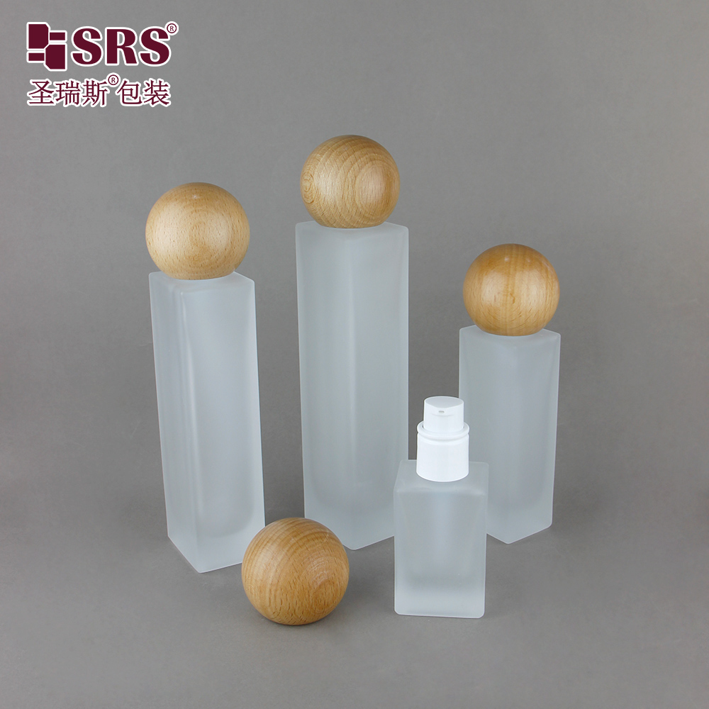 Custom Color Skincare Packaging Matte Glass Bottle with Bamboo Ball Cap