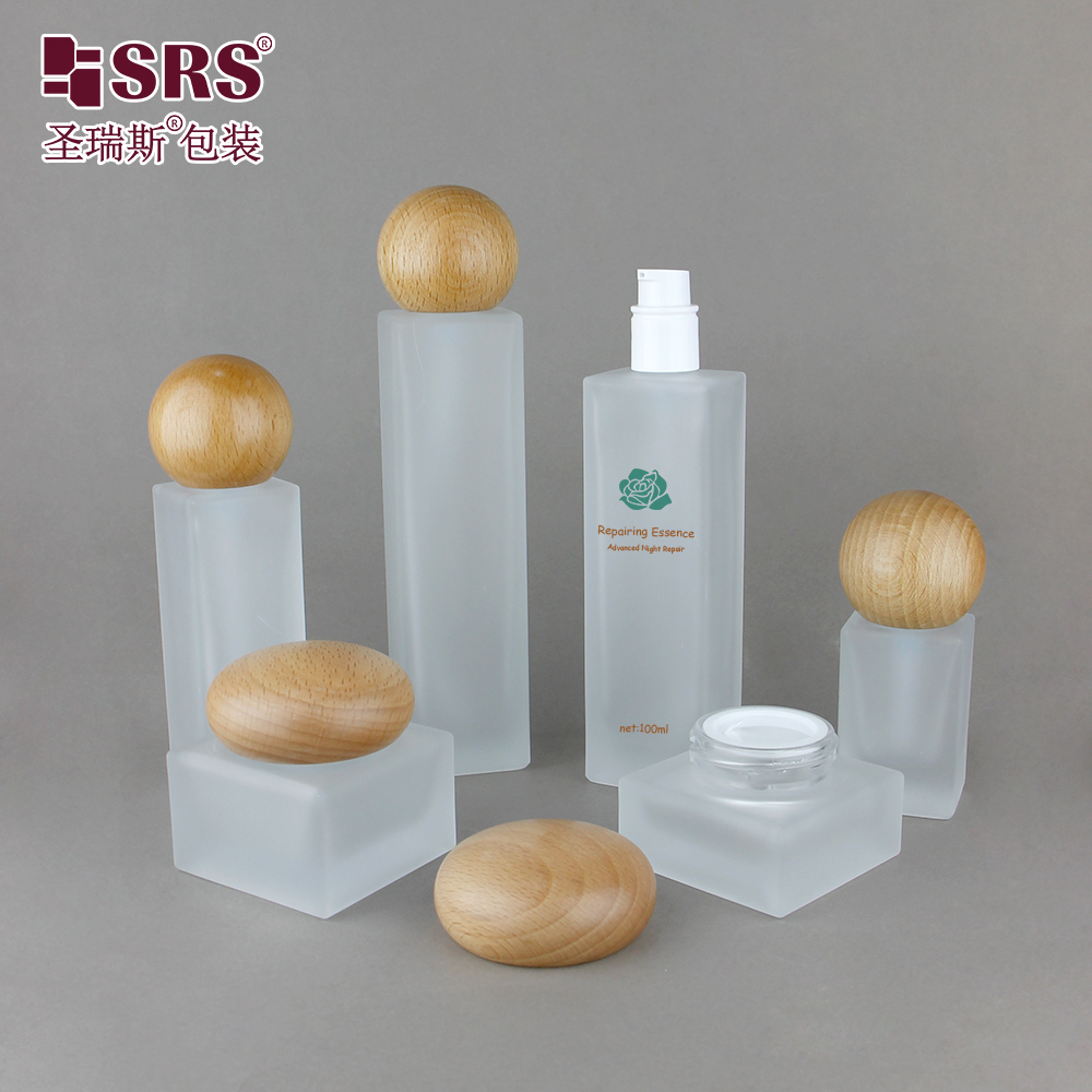 Custom Color Skincare Packaging Matte Glass Bottle with Bamboo Ball Cap