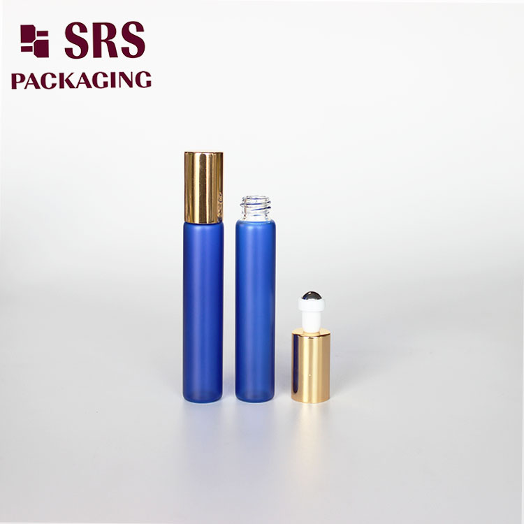 Painted Frosted Blue Glass Roller Metal Ball Bottle for Perfume