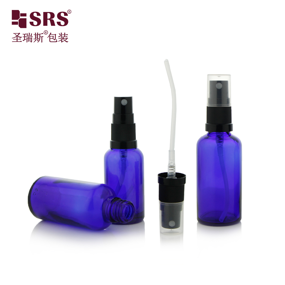 Brown blue green transparent clear empty boston shape glass bottle with sprayer
