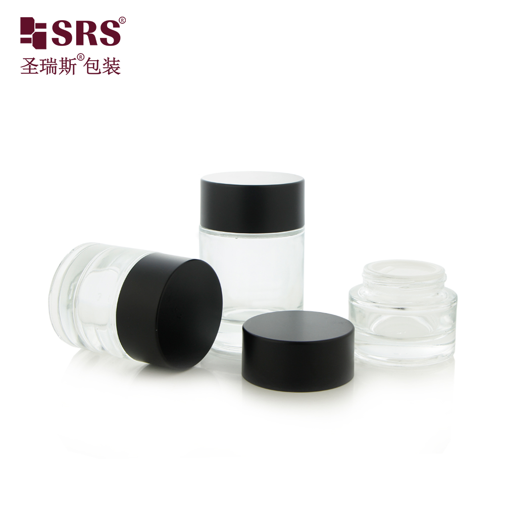 Custom Transparent Black 20g 30g 50g 100g Glossy Matte Skincare Round Cream Jar Glass Jar 