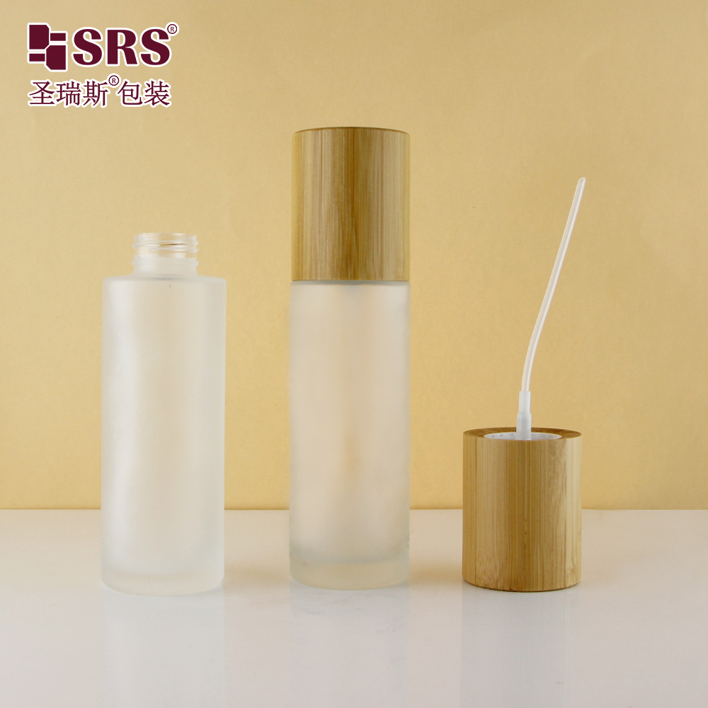 Empty Glass Bottle Perfume Spray Bottle With Bamboo Pump Lid 100ml Skin Care Packaging