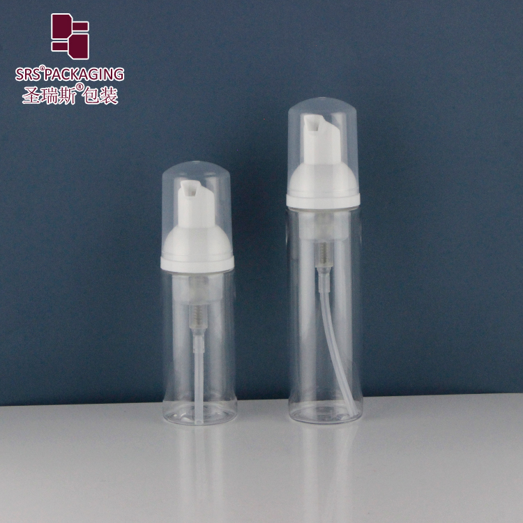 Empty Plastic Foaming Pump Bottles 55ml 75ml Custom Transparent PET Facial Cleanser Foam Soap Bottle