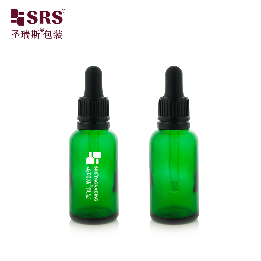 Green Colored Tamper Evident Glass Dropper Bottle for Oil with Glass Pipette Black Deep Skirt  Rib Side Collar