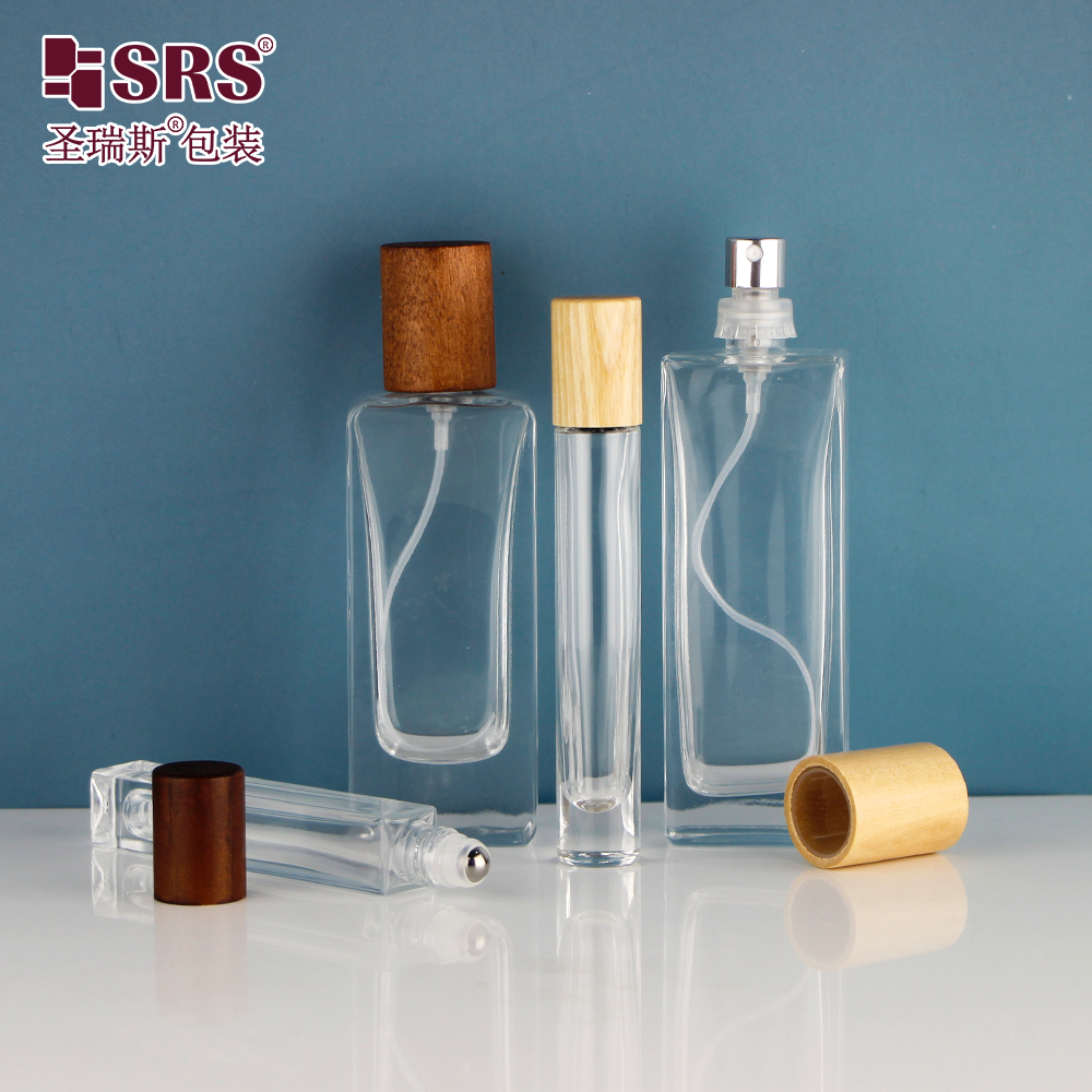 Luxury Design 50ml Square Glass Empty Refillable Spray Beautiful Perfume Bottle with Wooden Lid