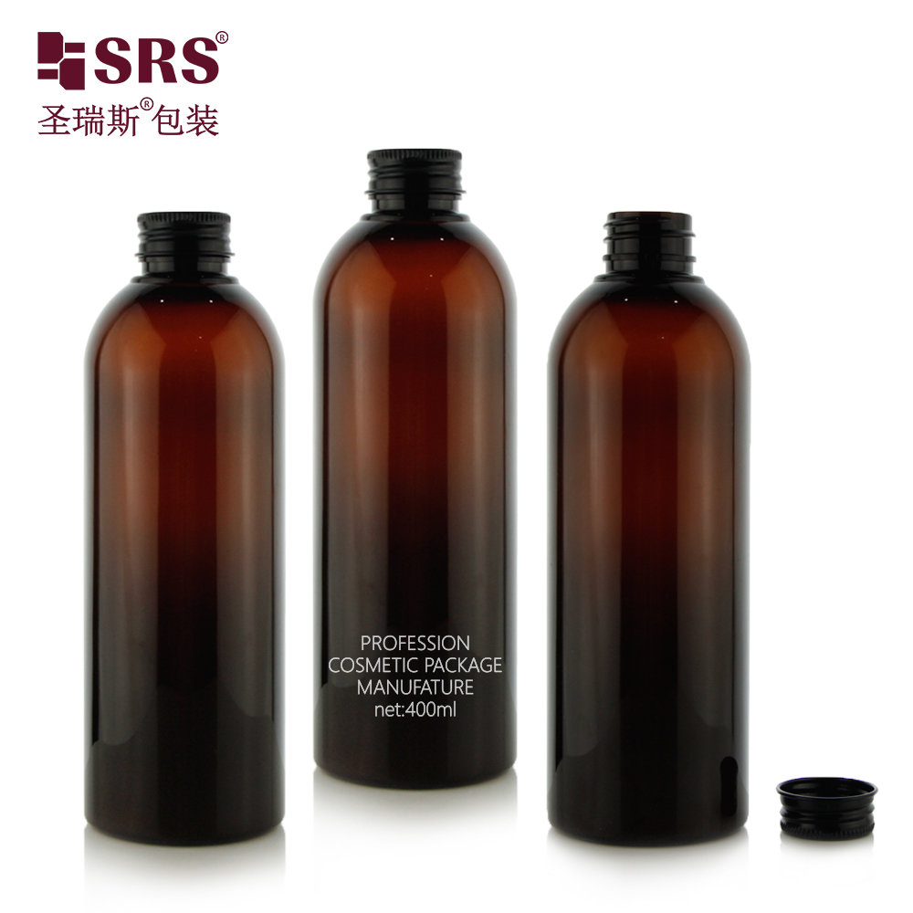 Round Shape Empty 400 ml PET Bottles Amber Color Round Shoulder Cosmetic Packaging