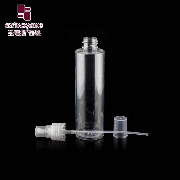 SRS empty clear transparent flat shoulder 100ml Pet bottle With white spray